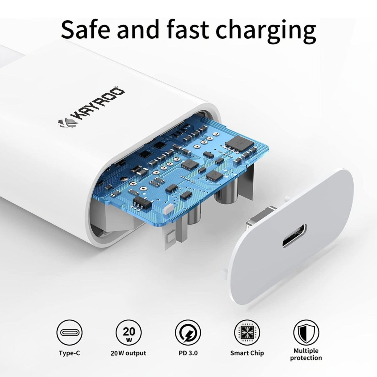 Kayroo SMART-303 20W Fast Charger PD Type-C for Android, iPhone 16 Pro/Pro Max /15 Pro/Pro Max/14/14 Plus/ 14 Pro/ 14 Pro Max,13/13 Pro/13 Pro Max/13 Mini, 12/12 Mini/ 12 Pro Max, iPhone 11 Series