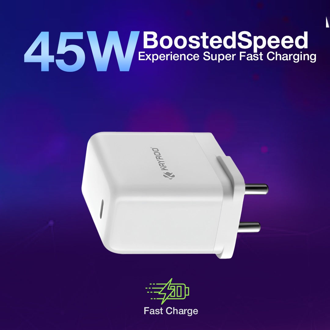 Kayroo SMART-302 45W Fast Charger PD Type-C for Samsung Galaxy S23/S23+/S22 Ultra/S22+/S22, Note 10/Note 20/S20/S21/S10/S9/S8, Mac Book, Redmi, Mi, Oneplus, Oppo, Vivo, Motorola